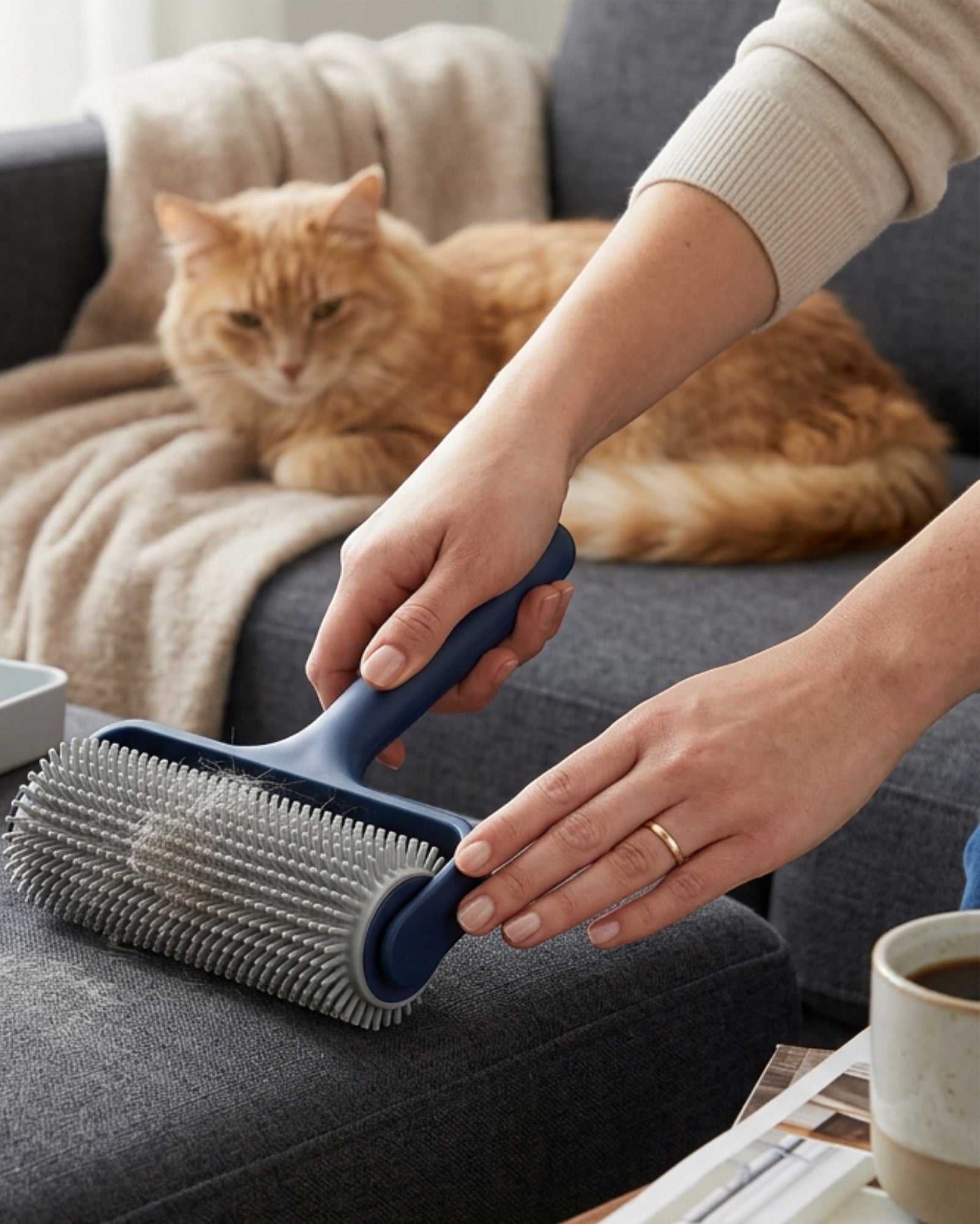 Donp Rubber-Bristle Lint Roller with Cleaning Tray Navy - Lifestyle view